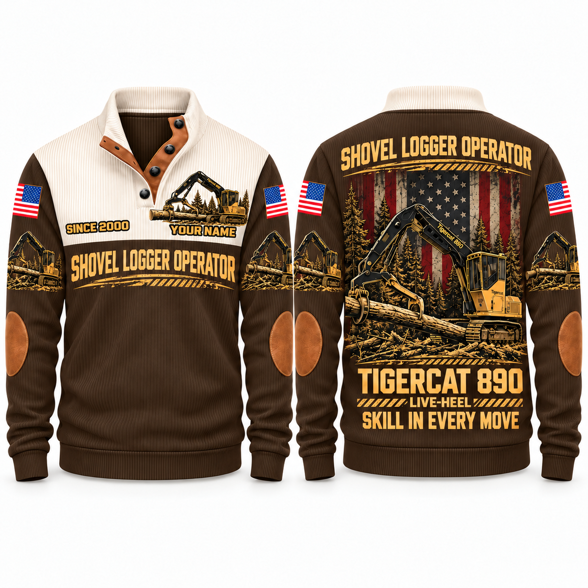 890 live-heel configuration Shovel Logger Operator Sports Sweatshirt in Brown, front and back views, sample YOUR NAME and SINCE 2000 personalization