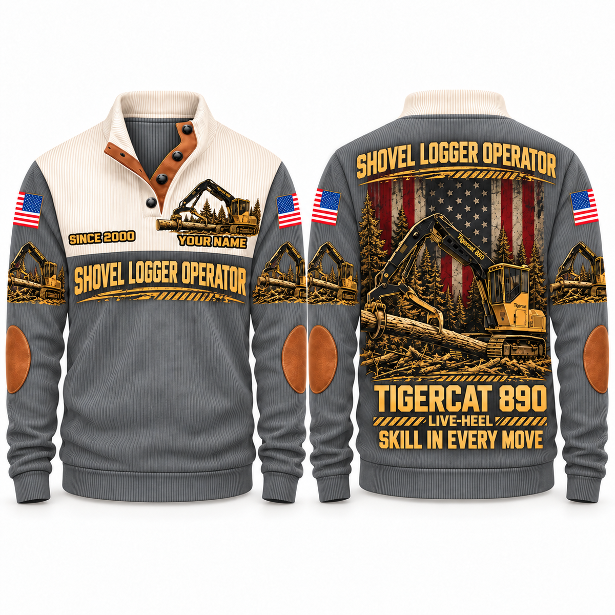 890 live-heel configuration Shovel Logger Operator Sports Sweatshirt in Grey, front and back views, sample YOUR NAME and SINCE 2000 personalization