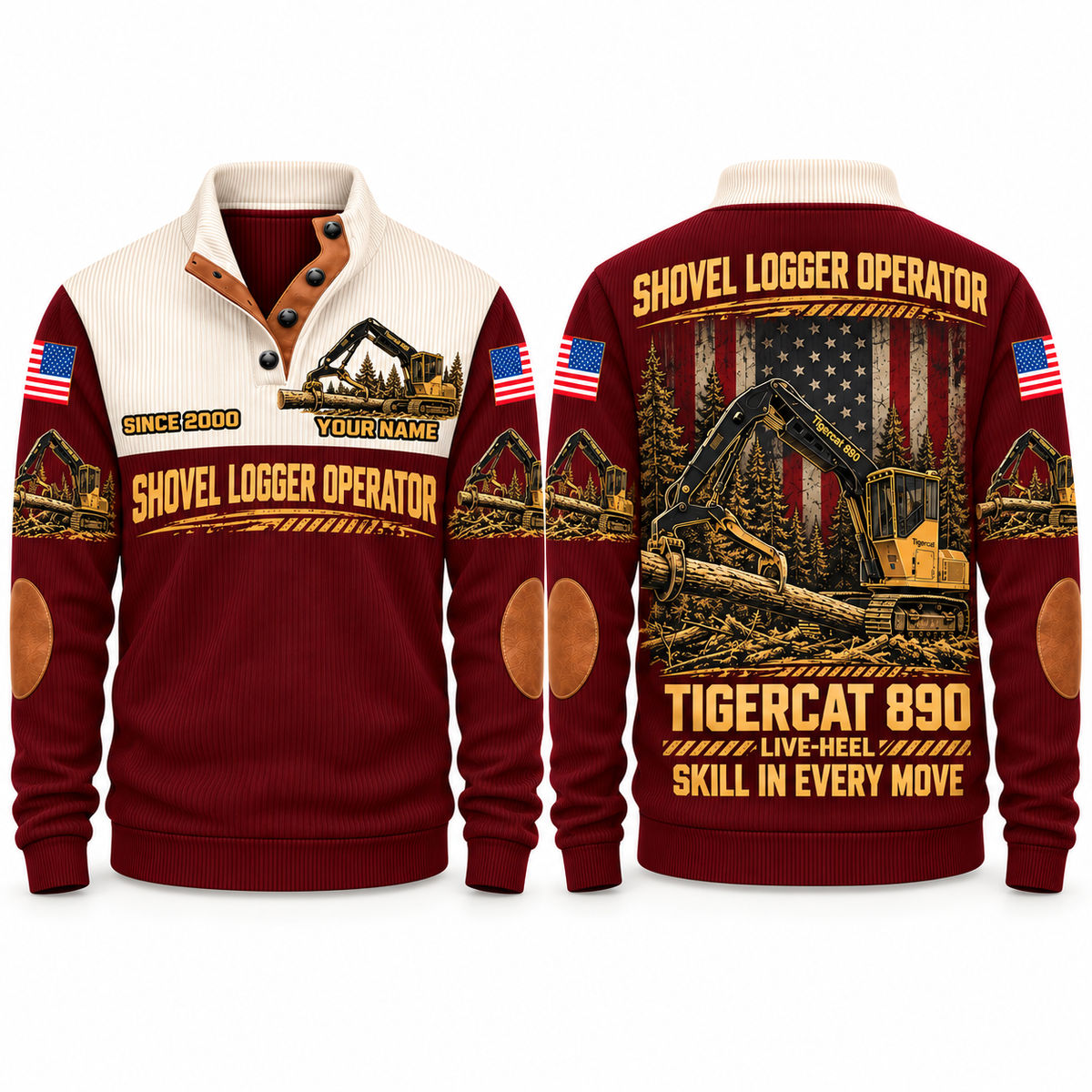 890 live-heel configuration Shovel Logger Operator Sports Sweatshirt in Jujube Red, front and back views, sample YOUR NAME and SINCE 2000 personalization
