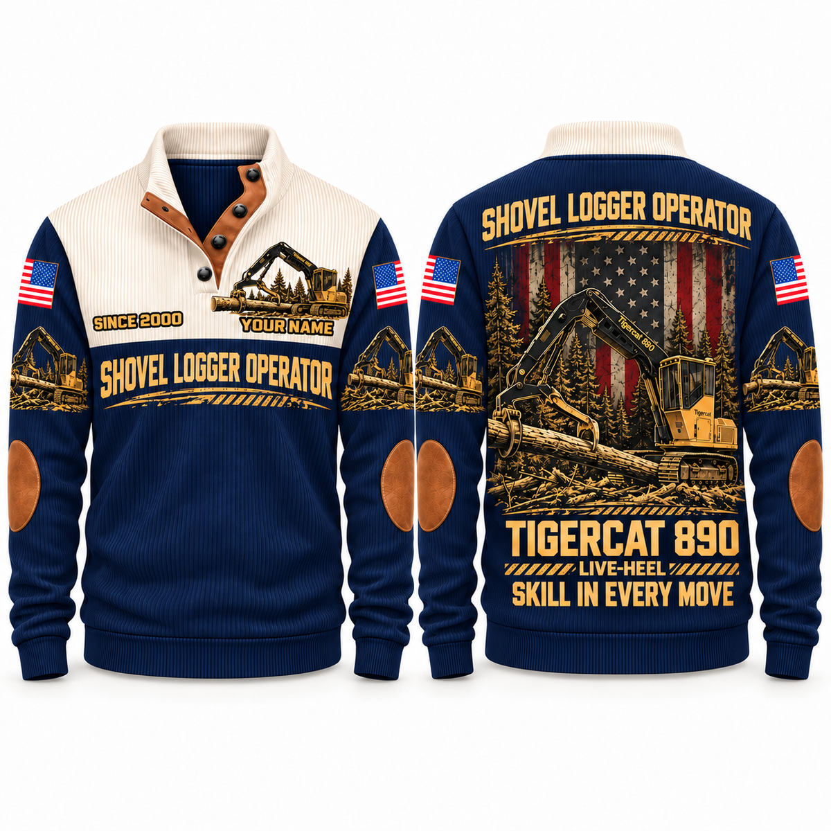 890 live-heel configuration Shovel Logger Operator Sports Sweatshirt in Navy, front and back views, sample YOUR NAME and SINCE 2000 personalization