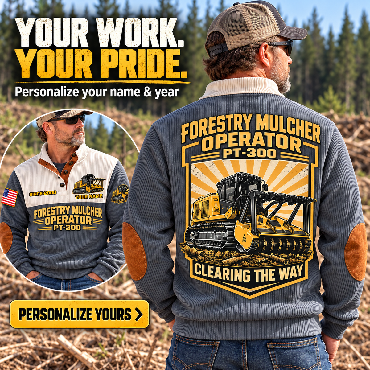 Personalized FAE PT300 Forestry Mulcher Operator Sports Sweatshirt in Grey, dedicated lifestyle featured image showing front and back artwork, personalized YOUR NAME and SINCE 2000