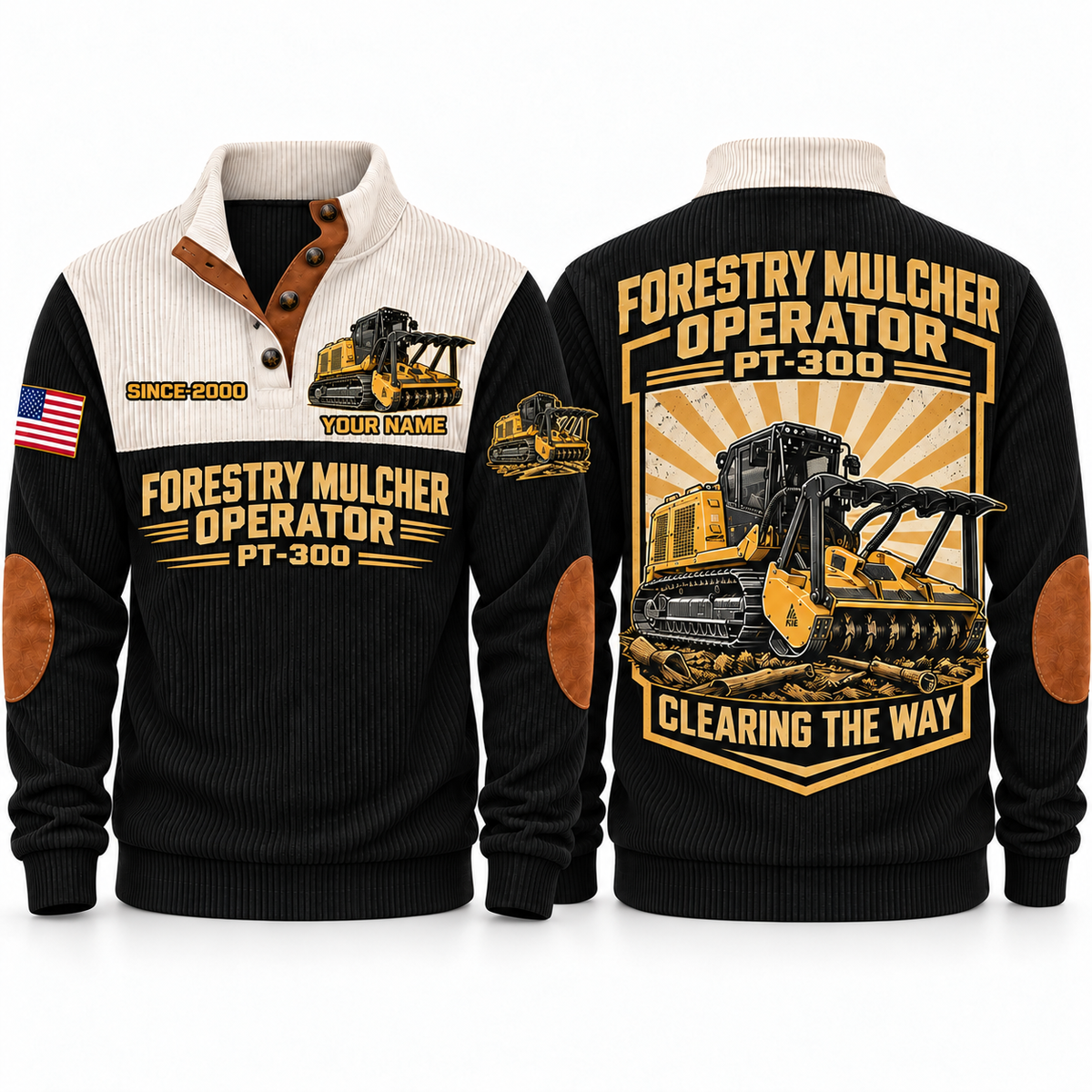 PT300 Forestry Mulcher Operator Sports Sweatshirt in Black, front and back views, sample YOUR NAME and SINCE 2000 personalization