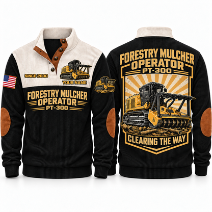 PT300 Forestry Mulcher Operator Sports Sweatshirt in Black, front and back views, sample YOUR NAME and SINCE 2000 personalization