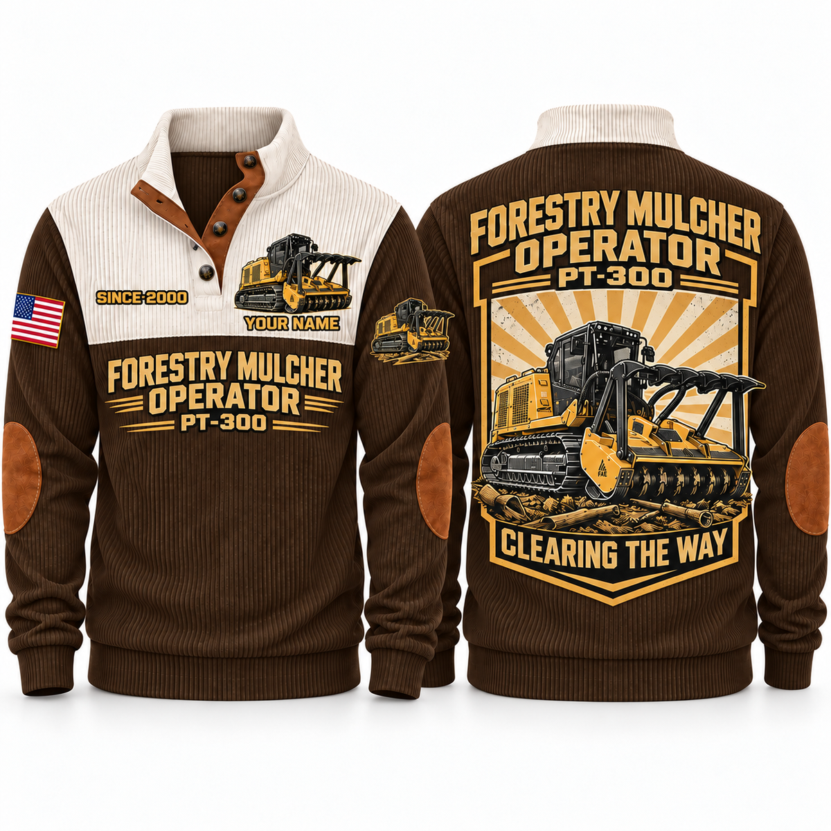 PT300 Forestry Mulcher Operator Sports Sweatshirt in Brown, front and back views, sample YOUR NAME and SINCE 2000 personalization