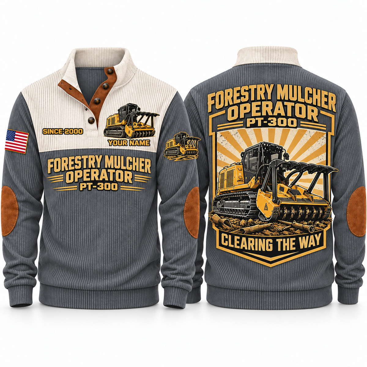 PT300 Forestry Mulcher Operator Sports Sweatshirt in Grey, front and back views, sample YOUR NAME and SINCE 2000 personalization