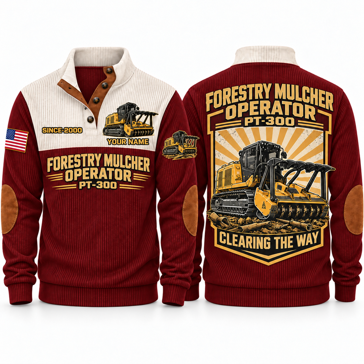 PT300 Forestry Mulcher Operator Sports Sweatshirt in Jujube Red, front and back views, sample YOUR NAME and SINCE 2000 personalization