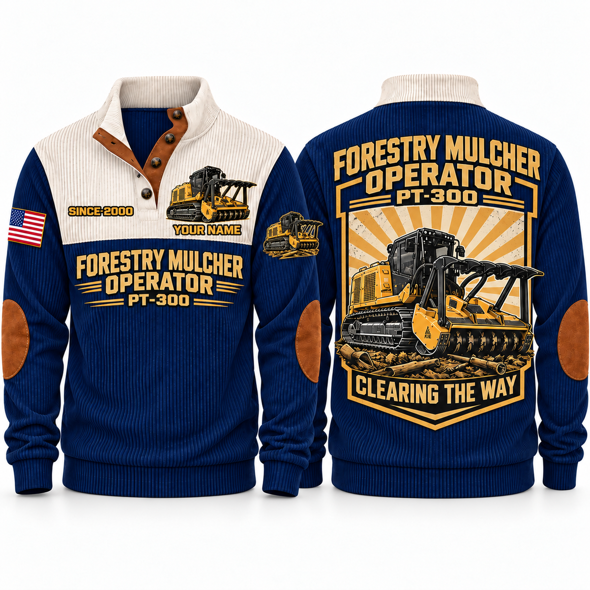 PT300 Forestry Mulcher Operator Sports Sweatshirt in Navy, front and back views, sample YOUR NAME and SINCE 2000 personalization