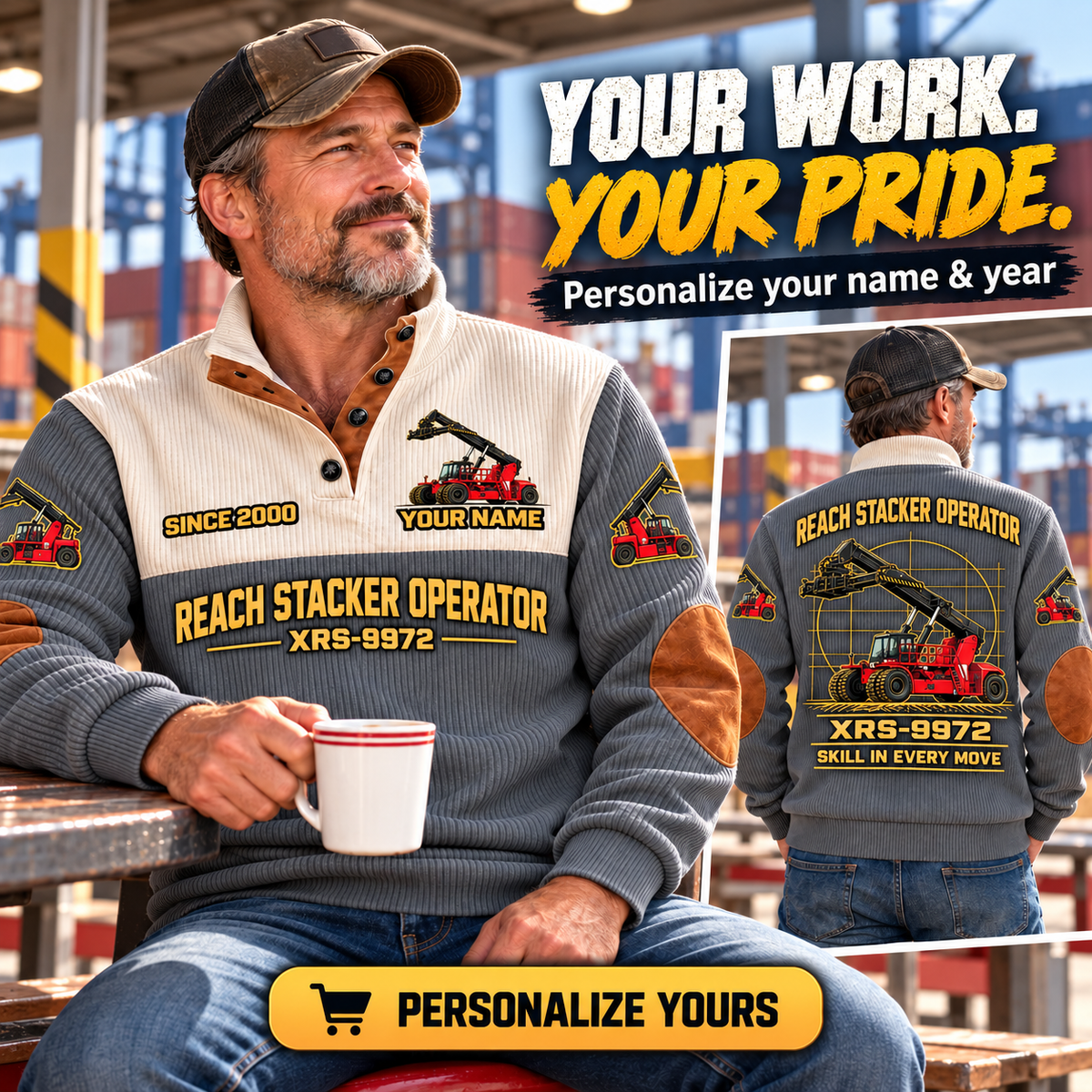 Personalized Taylor XRS-9972 Reach Stacker Sports Sweatshirt in Grey, dedicated lifestyle featured image showing front and back artwork, personalized YOUR NAME and SINCE 2000
