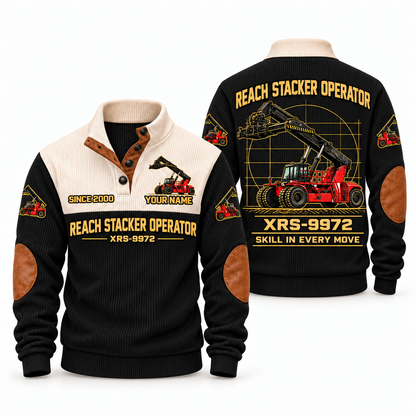 XRS-9972 Reach Stacker Operator Sports Sweatshirt in Black, front and back views, sample YOUR NAME and SINCE 2000 personalization