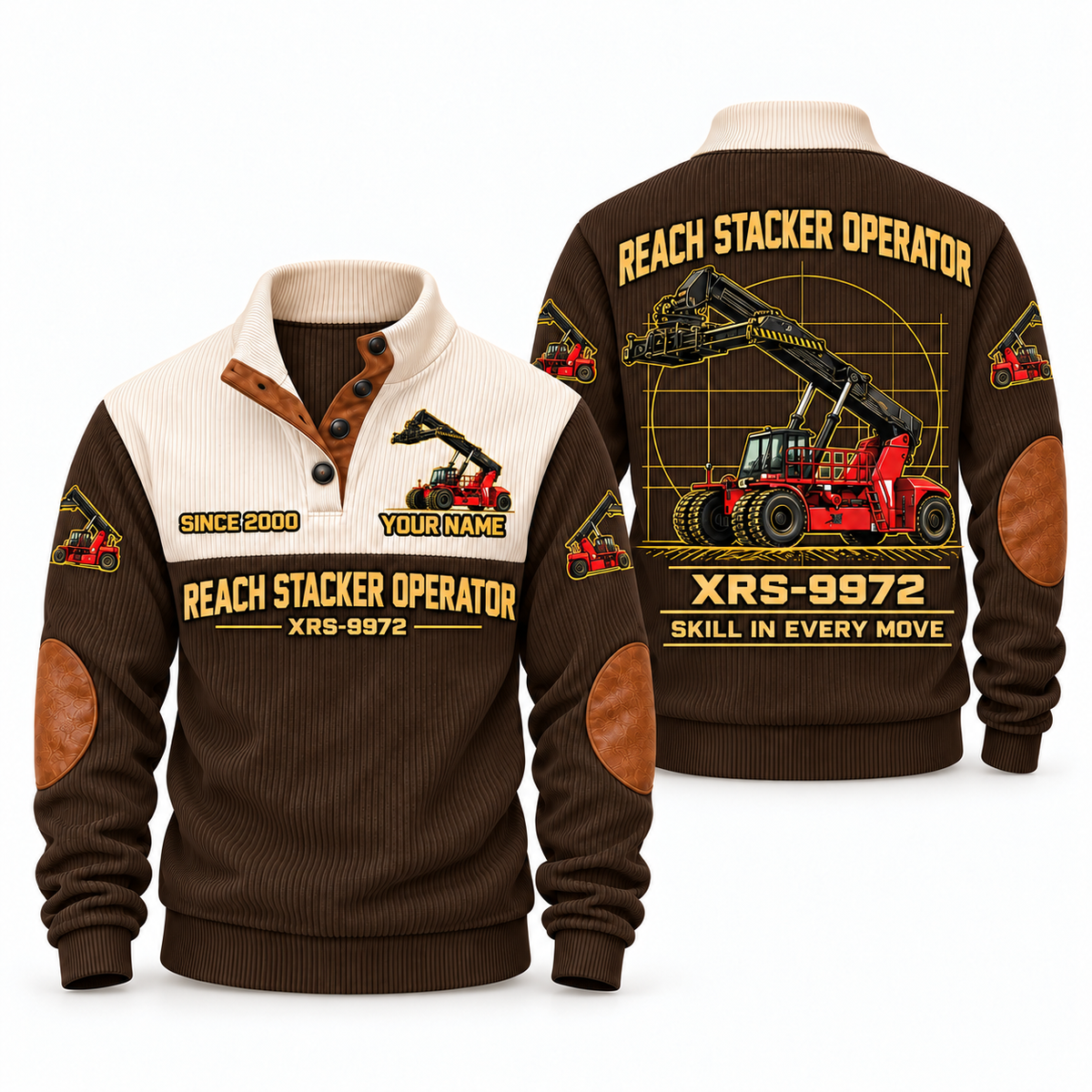 XRS-9972 Reach Stacker Operator Sports Sweatshirt in Brown, front and back views, sample YOUR NAME and SINCE 2000 personalization