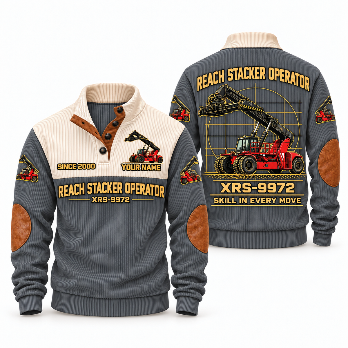 XRS-9972 Reach Stacker Operator Sports Sweatshirt in Grey, front and back views, sample YOUR NAME and SINCE 2000 personalization