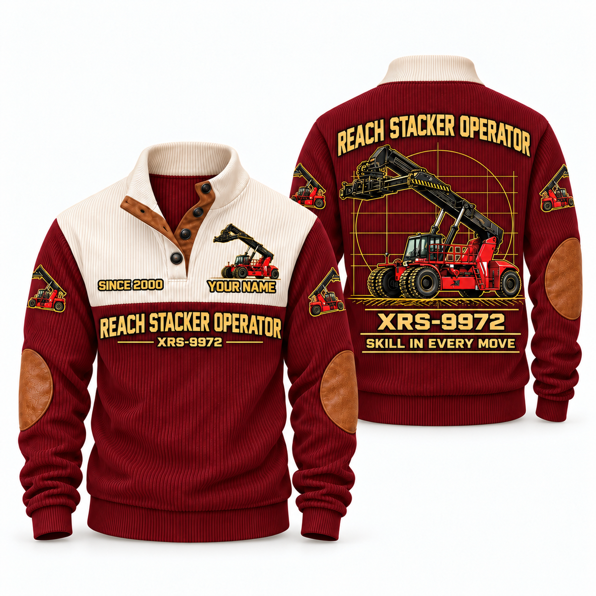 XRS-9972 Reach Stacker Operator Sports Sweatshirt in Jujube Red, front and back views, sample YOUR NAME and SINCE 2000 personalization