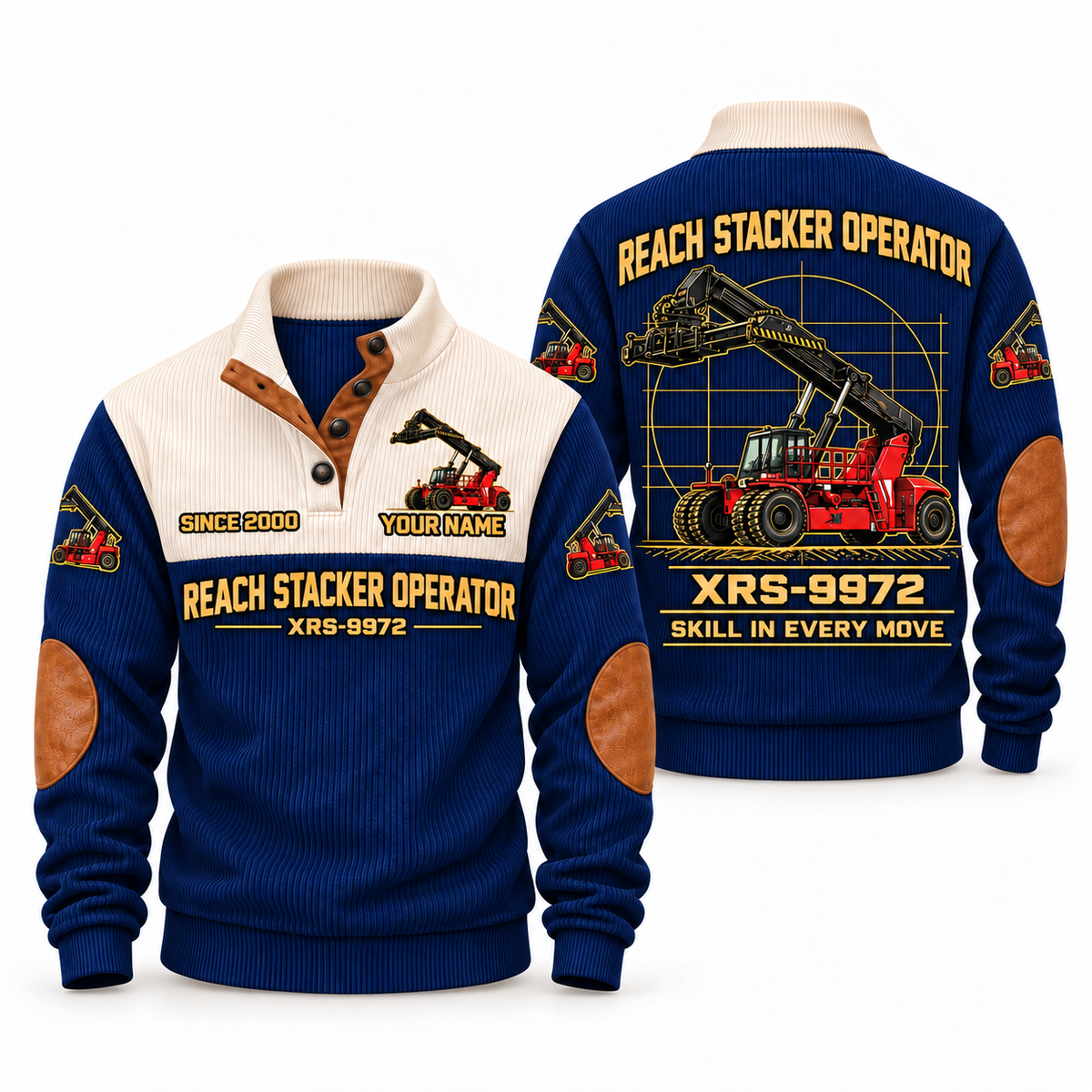 XRS-9972 Reach Stacker Operator Sports Sweatshirt in Navy, front and back views, sample YOUR NAME and SINCE 2000 personalization
