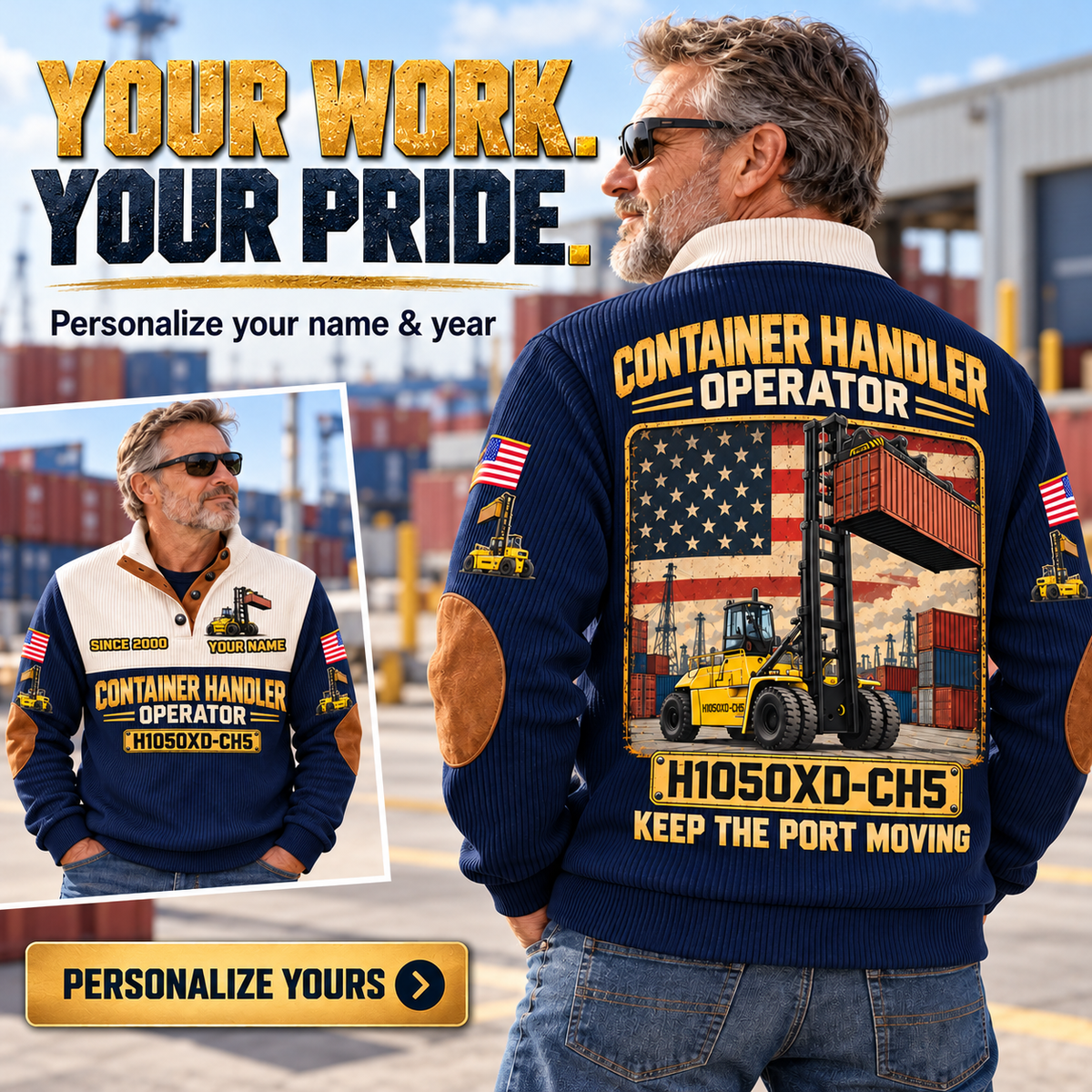 Personalized Hyster H1050XD-CH5 Container Handler Sports Sweatshirt in Navy, dedicated lifestyle featured image showing front and back artwork, personalized YOUR NAME and SINCE 2000