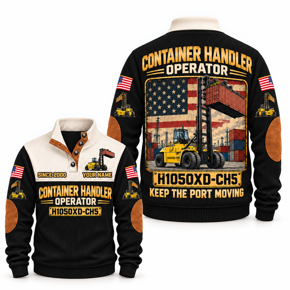 H1050XD-CH5 Container Handler Operator Sports Sweatshirt in Black, front and back views, sample YOUR NAME and SINCE 2000 personalization