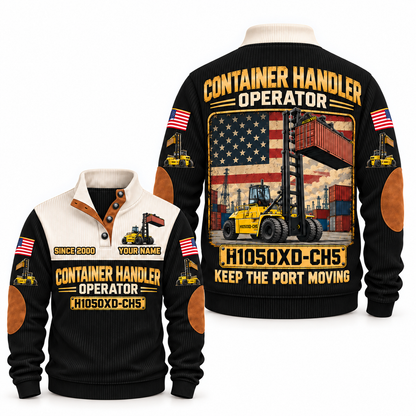 H1050XD-CH5 Container Handler Operator Sports Sweatshirt in Black, front and back views, sample YOUR NAME and SINCE 2000 personalization