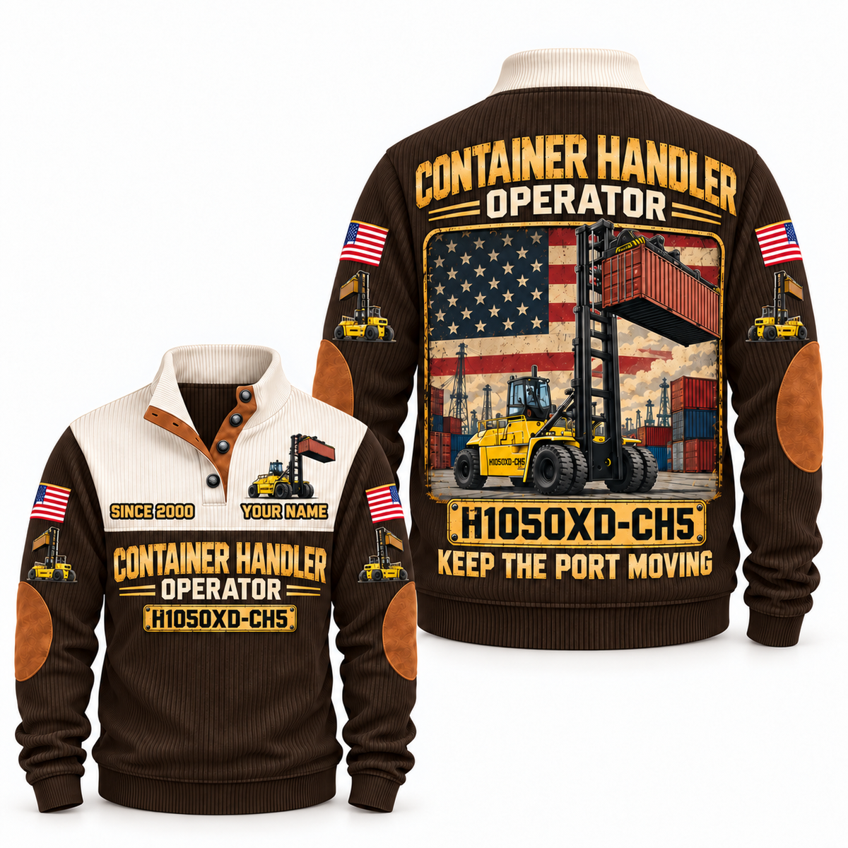H1050XD-CH5 Container Handler Operator Sports Sweatshirt in Brown, front and back views, sample YOUR NAME and SINCE 2000 personalization