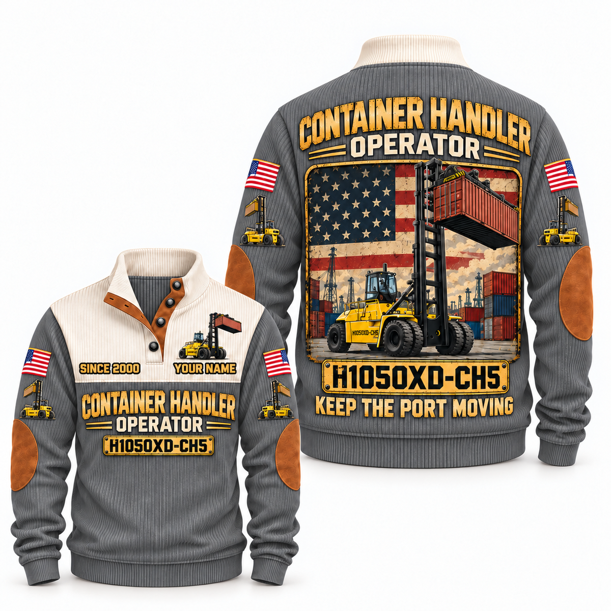 H1050XD-CH5 Container Handler Operator Sports Sweatshirt in Grey, front and back views, sample YOUR NAME and SINCE 2000 personalization