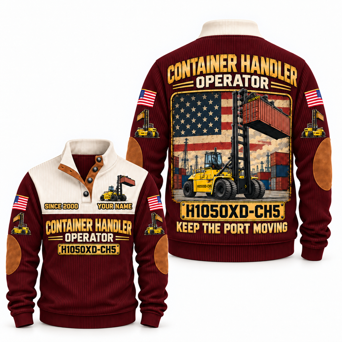 H1050XD-CH5 Container Handler Operator Sports Sweatshirt in Jujube Red, front and back views, sample YOUR NAME and SINCE 2000 personalization
