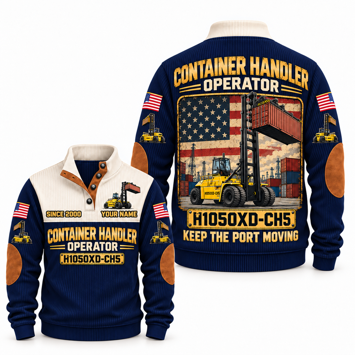 H1050XD-CH5 Container Handler Operator Sports Sweatshirt in Navy, front and back views, sample YOUR NAME and SINCE 2000 personalization