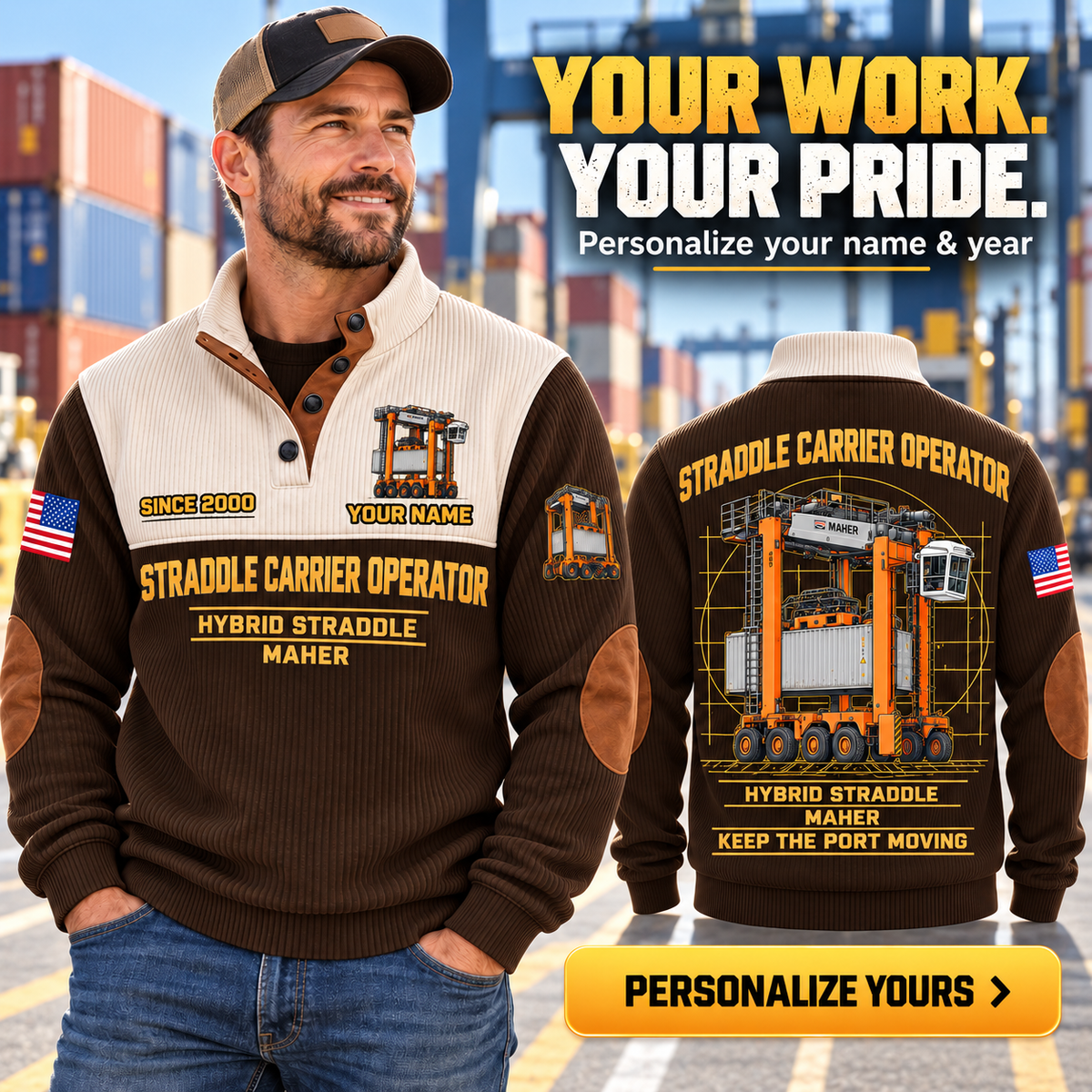 Personalized Kalmar Hybrid Straddle Carrier Sports Sweatshirt - Maher Configuration in Brown, dedicated lifestyle featured image showing front and back artwork, personalized YOUR NAME and SINCE 2000