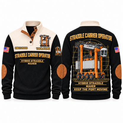 Hybrid Straddle Carrier - Maher configuration Straddle Carrier Operator Sports Sweatshirt in Black, front and back views, sample YOUR NAME and SINCE 2000 personalization