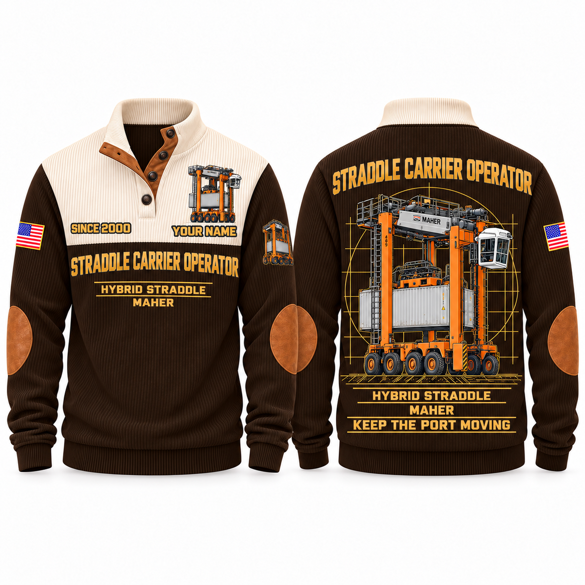 Hybrid Straddle Carrier - Maher configuration Straddle Carrier Operator Sports Sweatshirt in Brown, front and back views, sample YOUR NAME and SINCE 2000 personalization