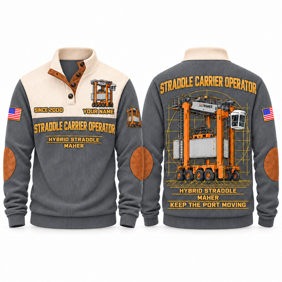 Hybrid Straddle Carrier - Maher configuration Straddle Carrier Operator Sports Sweatshirt in Grey, front and back views, sample YOUR NAME and SINCE 2000 personalization