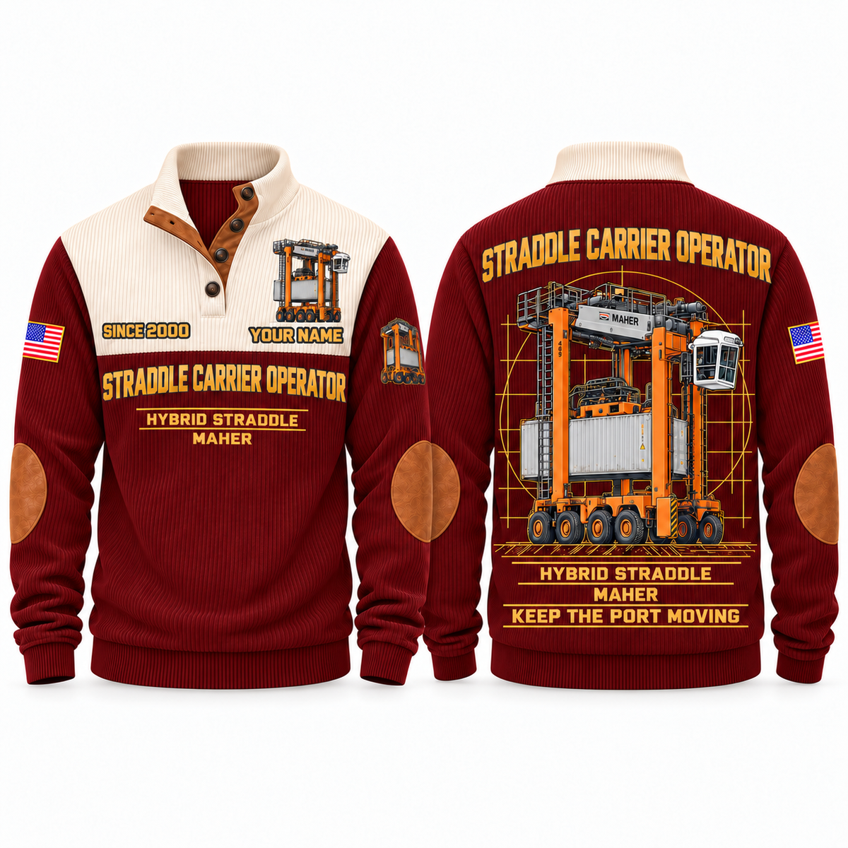Hybrid Straddle Carrier - Maher configuration Straddle Carrier Operator Sports Sweatshirt in Jujube Red, front and back views, sample YOUR NAME and SINCE 2000 personalization