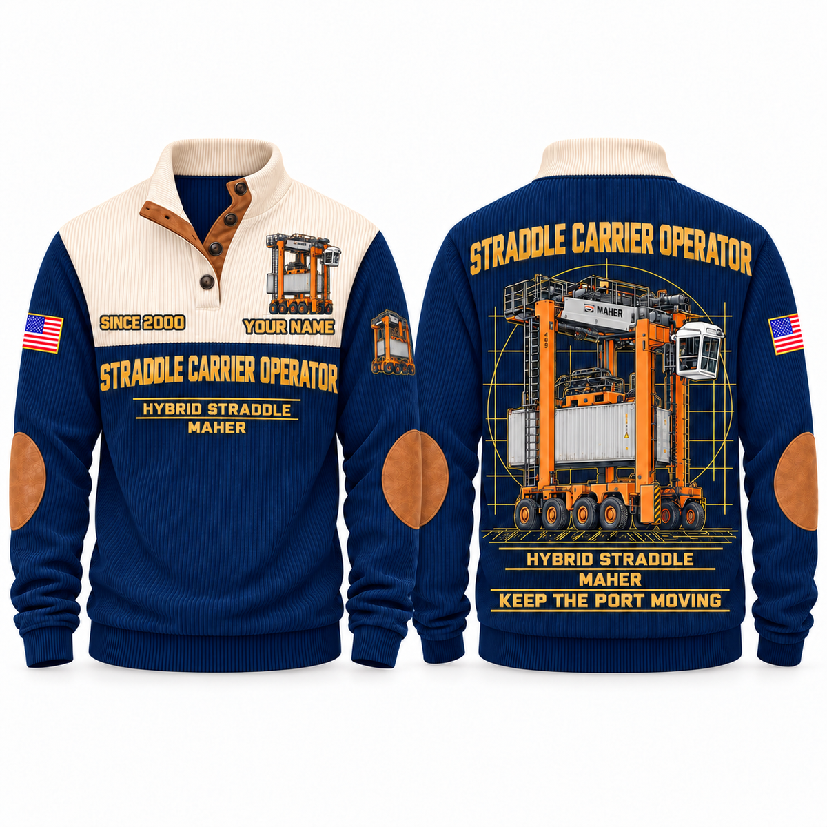 Hybrid Straddle Carrier - Maher configuration Straddle Carrier Operator Sports Sweatshirt in Navy, front and back views, sample YOUR NAME and SINCE 2000 personalization
