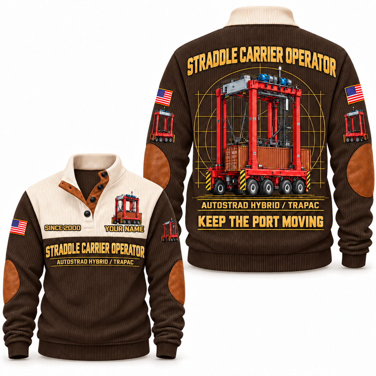 AutoStrad Hybrid - TraPac configuration Straddle Carrier Operator Sports Sweatshirt in Brown, front and back views, sample YOUR NAME and SINCE 2000 personalization