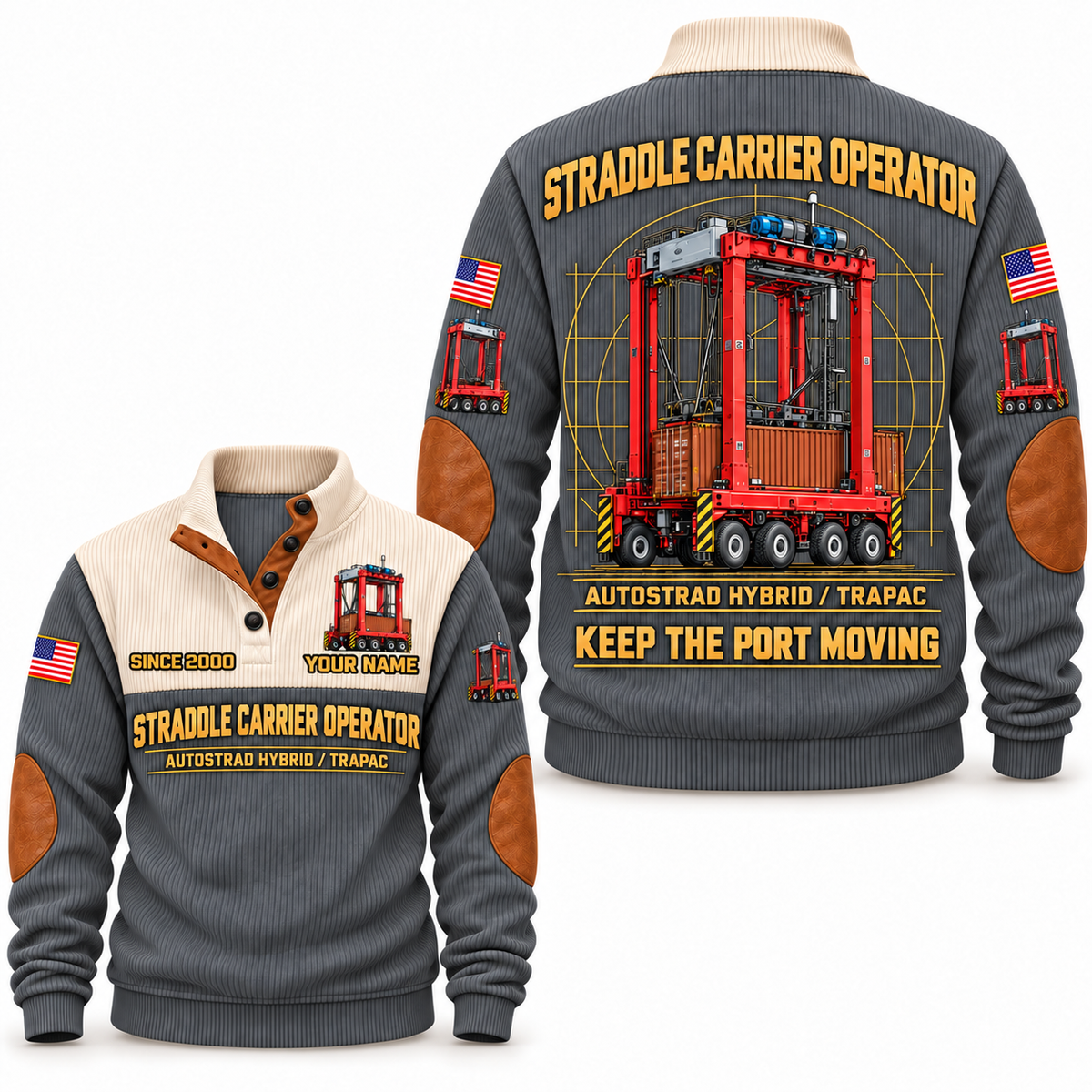 AutoStrad Hybrid - TraPac configuration Straddle Carrier Operator Sports Sweatshirt in Grey, front and back views, sample YOUR NAME and SINCE 2000 personalization
