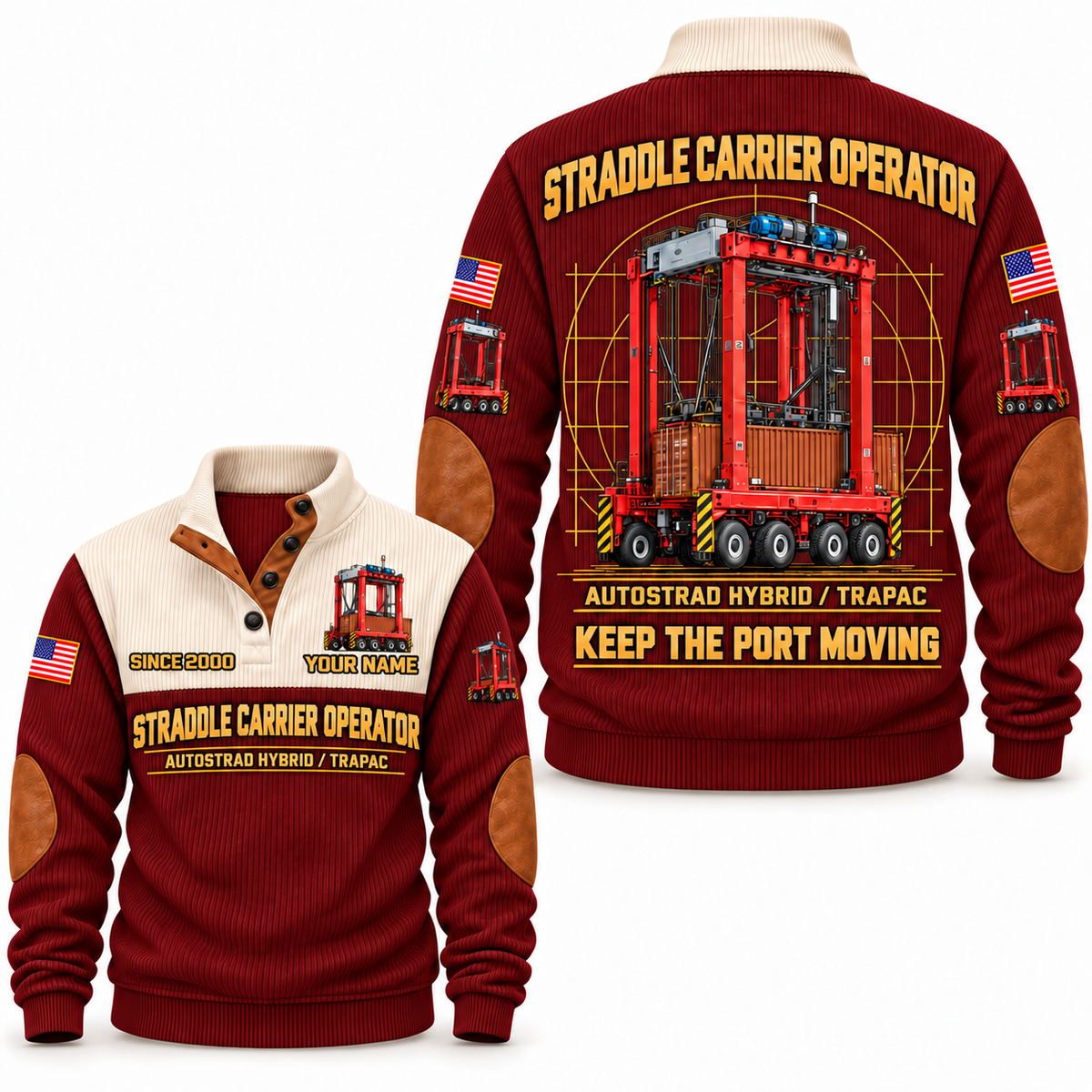 AutoStrad Hybrid - TraPac configuration Straddle Carrier Operator Sports Sweatshirt in Jujube Red, front and back views, sample YOUR NAME and SINCE 2000 personalization