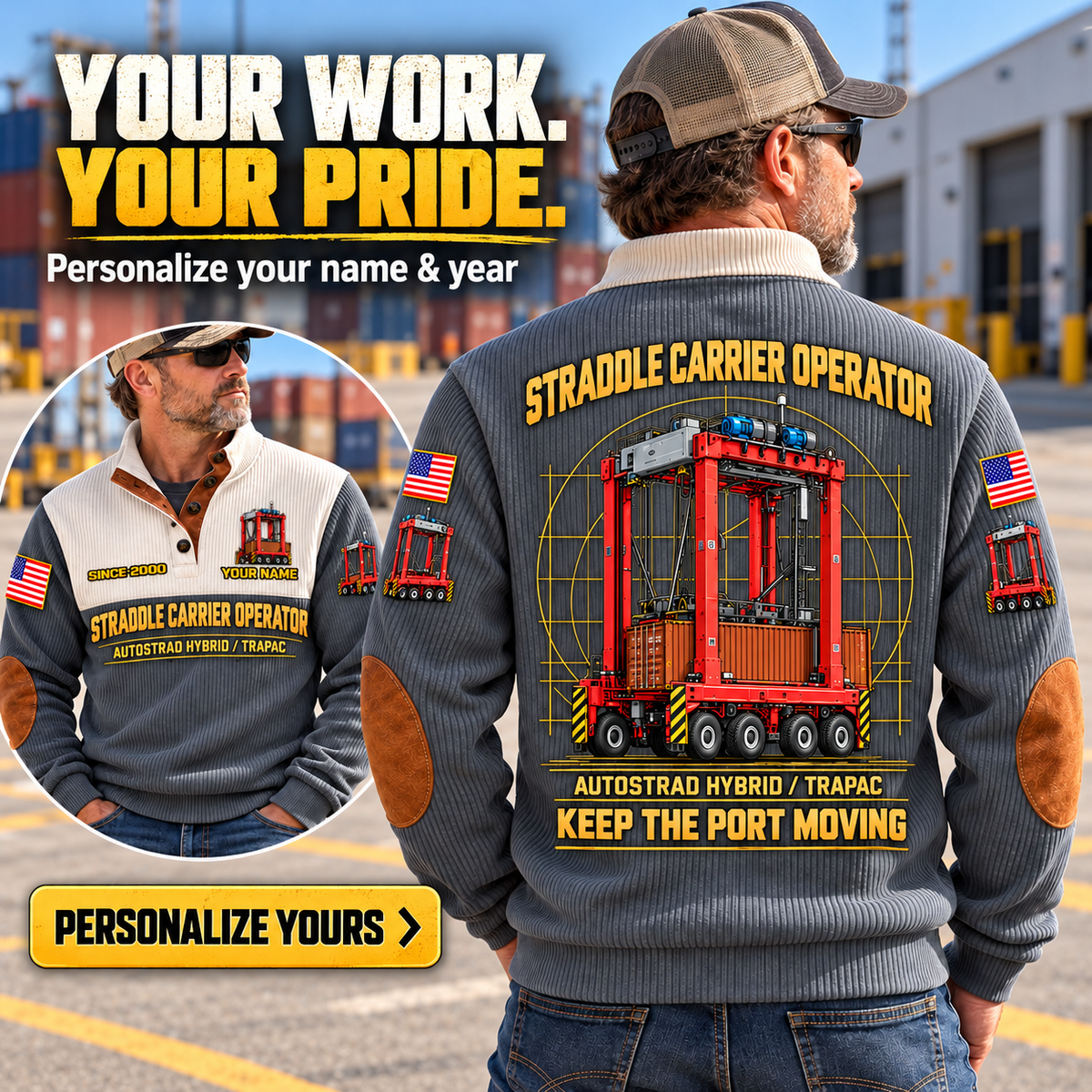Personalized Kalmar AutoStrad Hybrid Straddle Carrier Sports Sweatshirt - TraPac Configuration in Grey, dedicated lifestyle featured image showing front and back artwork, personalized YOUR NAME and SINCE 2000