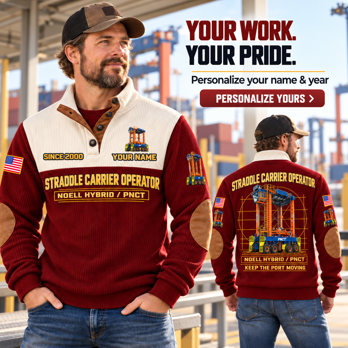 Personalized Konecranes Noell Hybrid Straddle Carrier Sports Sweatshirt - PNCT Configuration in Jujube Red, dedicated lifestyle featured image showing front and back artwork, personalized YOUR NAME and SINCE 2000