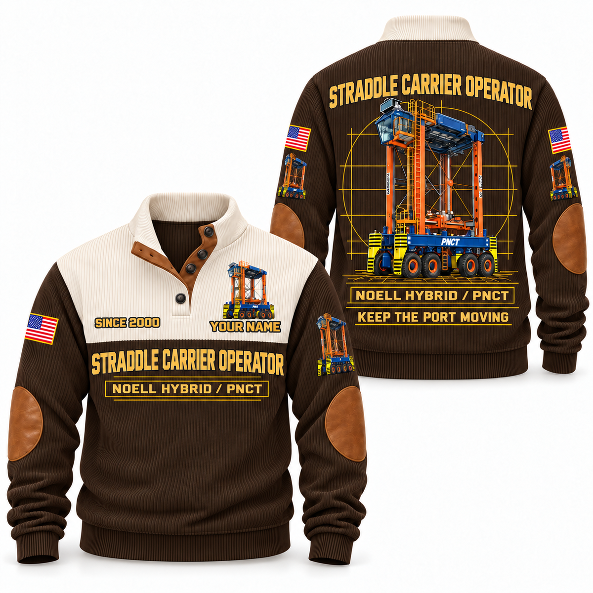 Hybrid Straddle Carrier - PNCT configuration Straddle Carrier Operator Sports Sweatshirt in Brown, front and back views, sample YOUR NAME and SINCE 2000 personalization