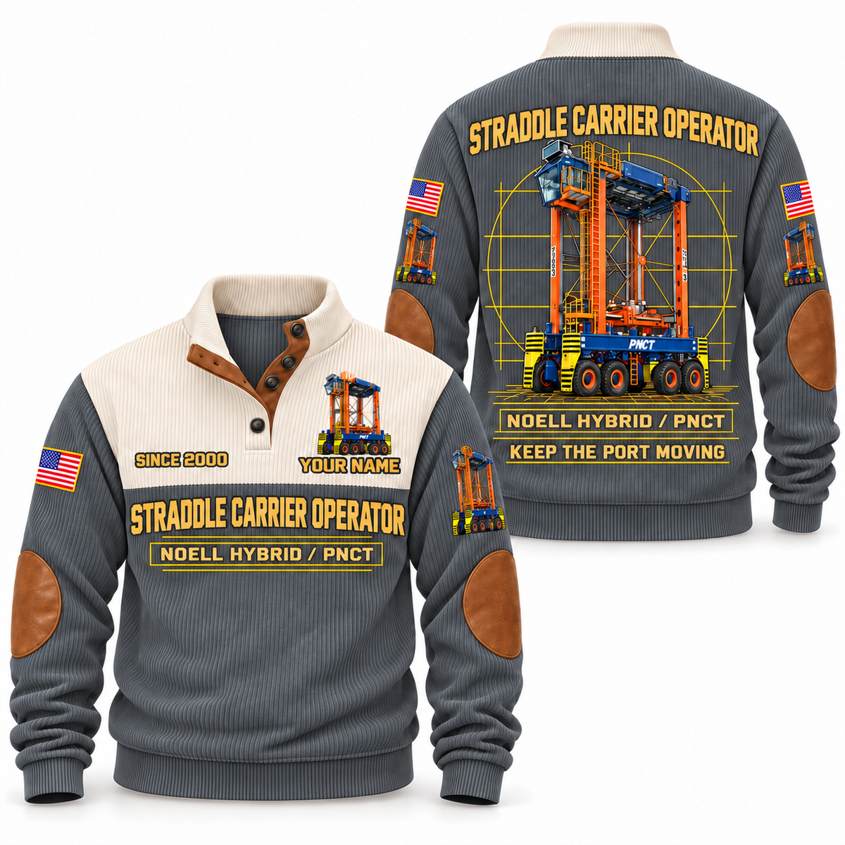 Hybrid Straddle Carrier - PNCT configuration Straddle Carrier Operator Sports Sweatshirt in Grey, front and back views, sample YOUR NAME and SINCE 2000 personalization