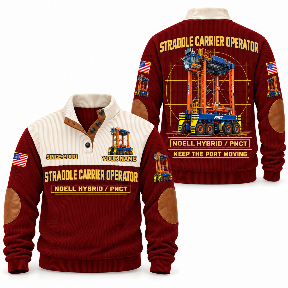 Hybrid Straddle Carrier - PNCT configuration Straddle Carrier Operator Sports Sweatshirt in Jujube Red, front and back views, sample YOUR NAME and SINCE 2000 personalization