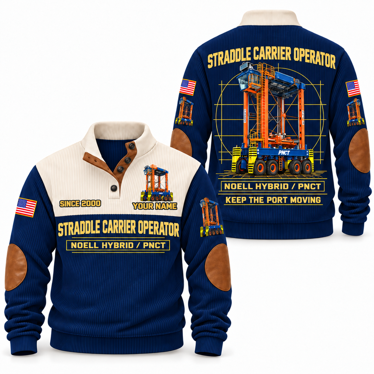 Hybrid Straddle Carrier - PNCT configuration Straddle Carrier Operator Sports Sweatshirt in Navy, front and back views, sample YOUR NAME and SINCE 2000 personalization