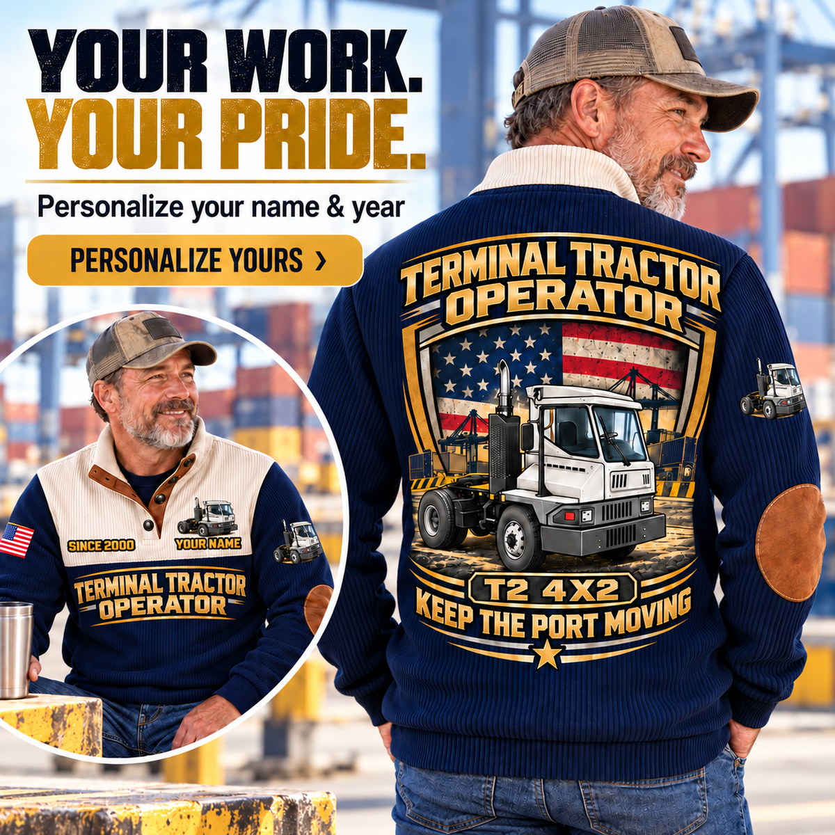 Personalized Kalmar Ottawa T2 4x2 Terminal Tractor Sports Sweatshirt in Navy, dedicated lifestyle featured image showing front and back artwork, personalized YOUR NAME and SINCE 2000