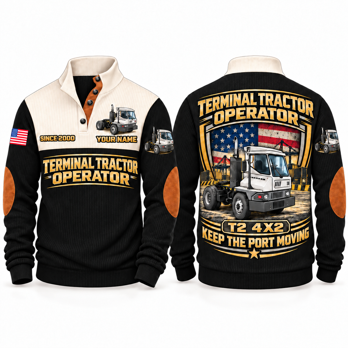 T2 4x2 Terminal Tractor Operator Sports Sweatshirt in Black, front and back views, sample YOUR NAME and SINCE 2000 personalization