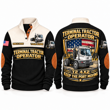 T2 4x2 Terminal Tractor Operator Sports Sweatshirt in Black, front and back views, sample YOUR NAME and SINCE 2000 personalization