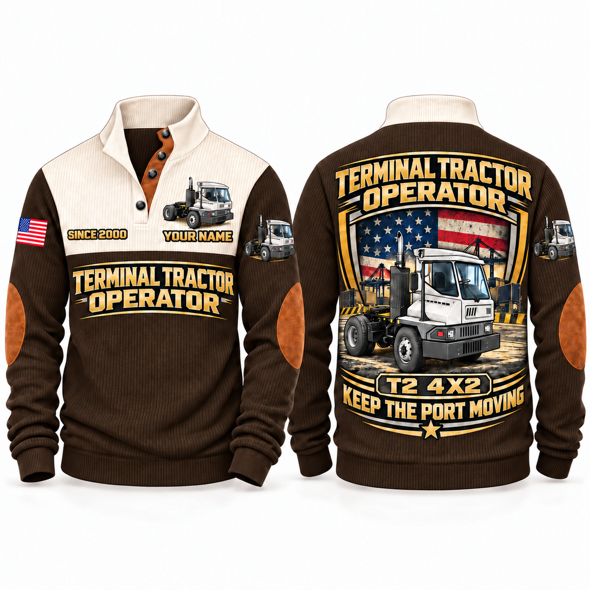 T2 4x2 Terminal Tractor Operator Sports Sweatshirt in Brown, front and back views, sample YOUR NAME and SINCE 2000 personalization