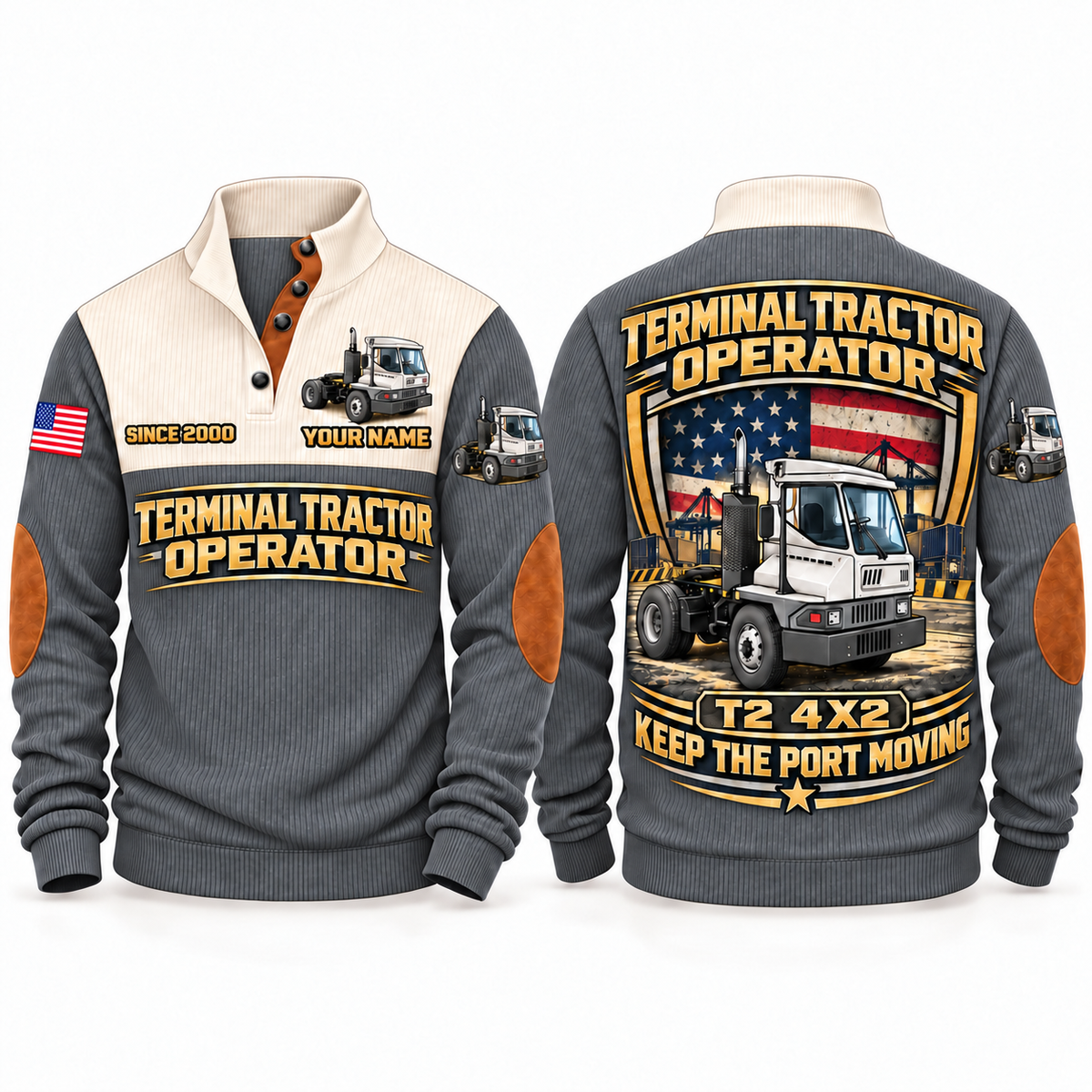 T2 4x2 Terminal Tractor Operator Sports Sweatshirt in Grey, front and back views, sample YOUR NAME and SINCE 2000 personalization