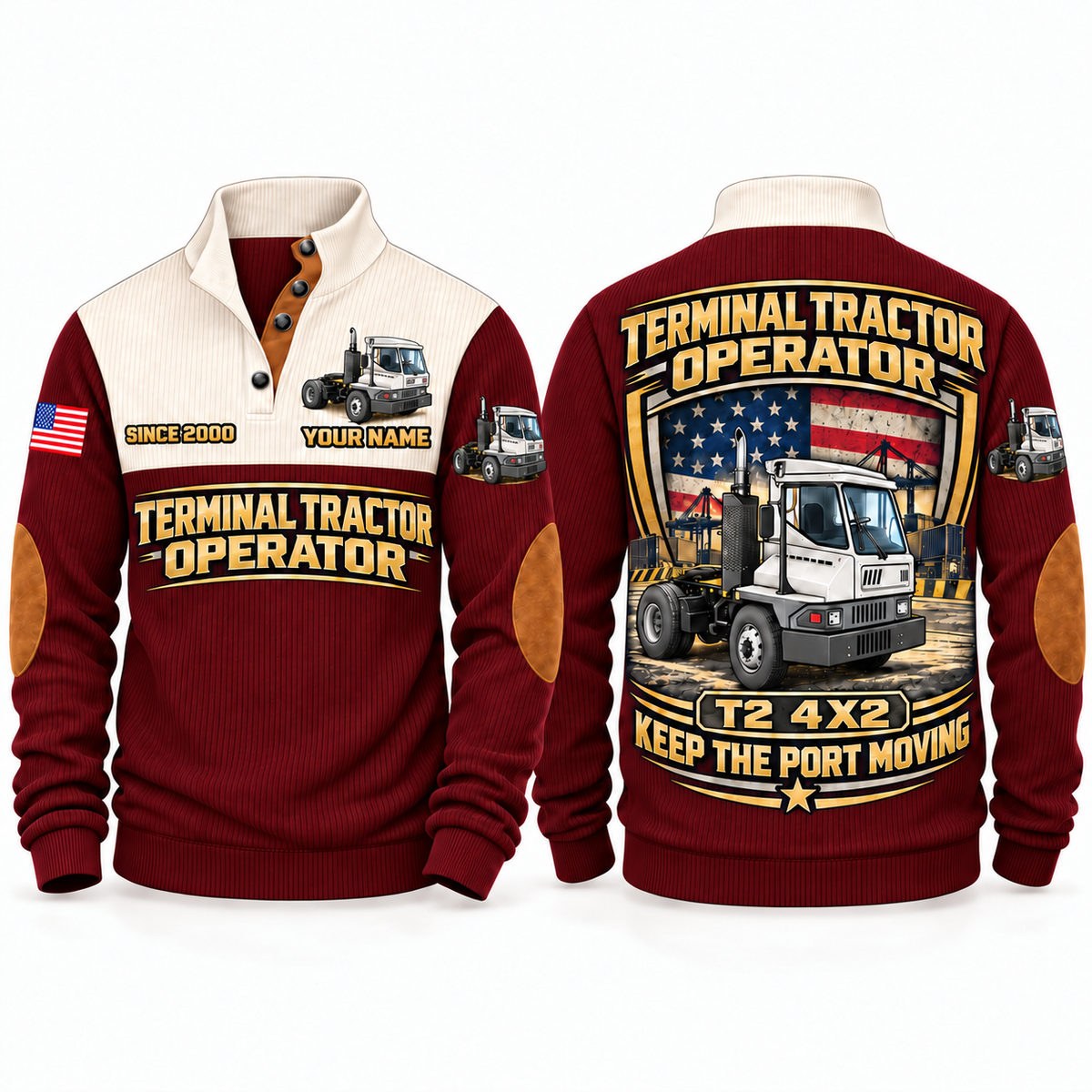 T2 4x2 Terminal Tractor Operator Sports Sweatshirt in Jujube Red, front and back views, sample YOUR NAME and SINCE 2000 personalization
