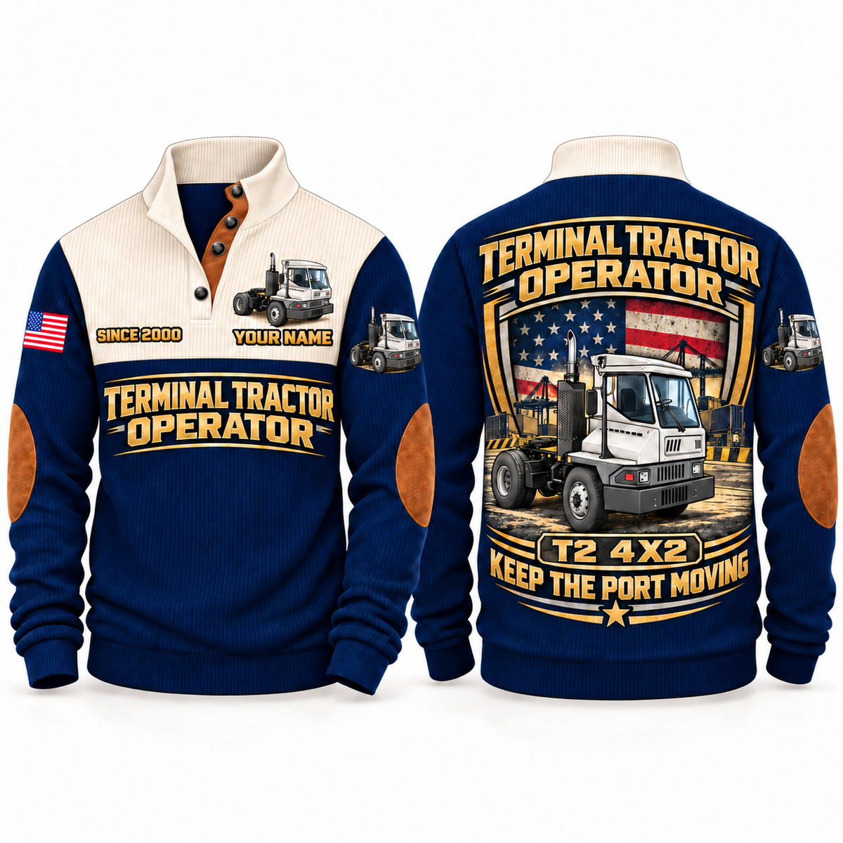 T2 4x2 Terminal Tractor Operator Sports Sweatshirt in Navy, front and back views, sample YOUR NAME and SINCE 2000 personalization