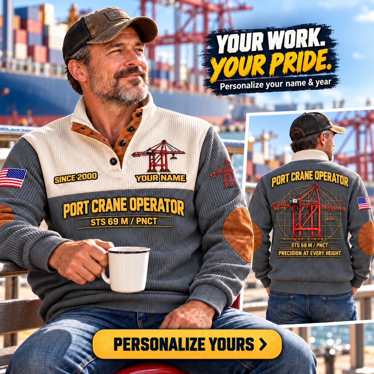 Personalized Liebherr STS 69 m Port Crane Sports Sweatshirt - PNCT Configuration in Grey, dedicated lifestyle featured image showing front and back artwork, personalized YOUR NAME and SINCE 2000