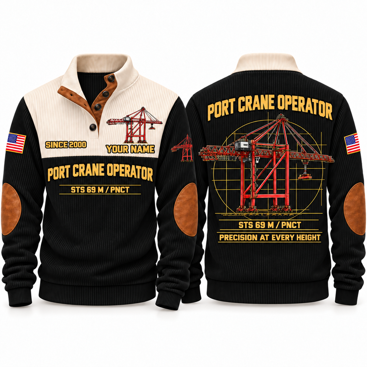 STS 69 m outreach - PNCT configuration Port Crane Operator Sports Sweatshirt in Black, front and back views, sample YOUR NAME and SINCE 2000 personalization