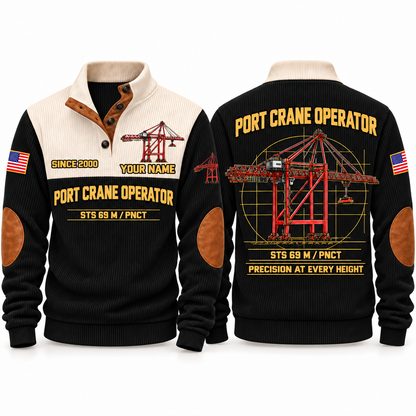STS 69 m outreach - PNCT configuration Port Crane Operator Sports Sweatshirt in Black, front and back views, sample YOUR NAME and SINCE 2000 personalization
