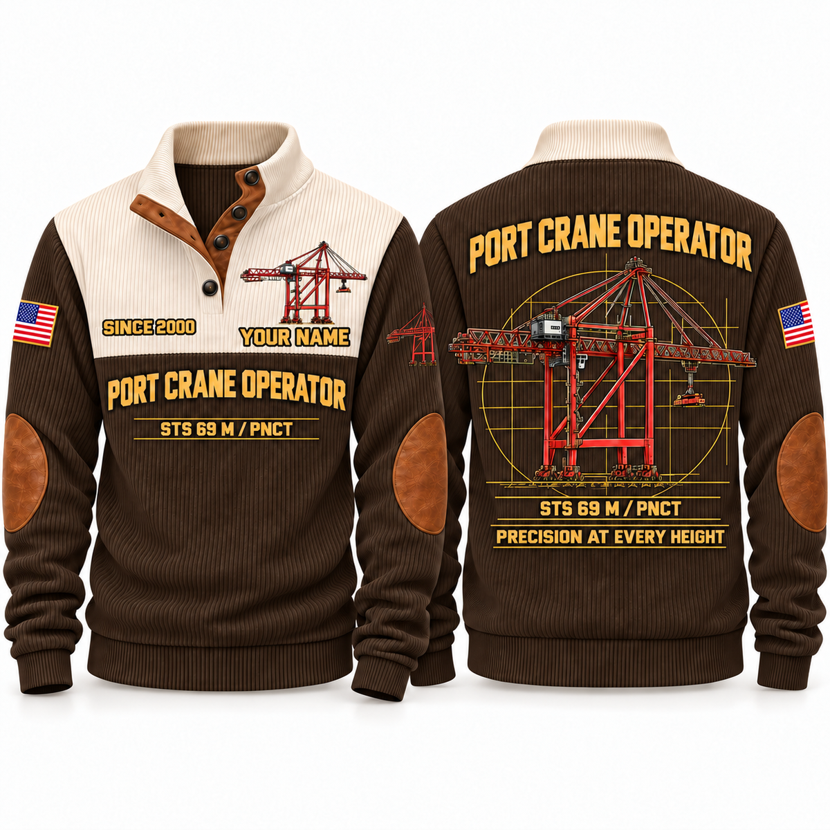 STS 69 m outreach - PNCT configuration Port Crane Operator Sports Sweatshirt in Brown, front and back views, sample YOUR NAME and SINCE 2000 personalization